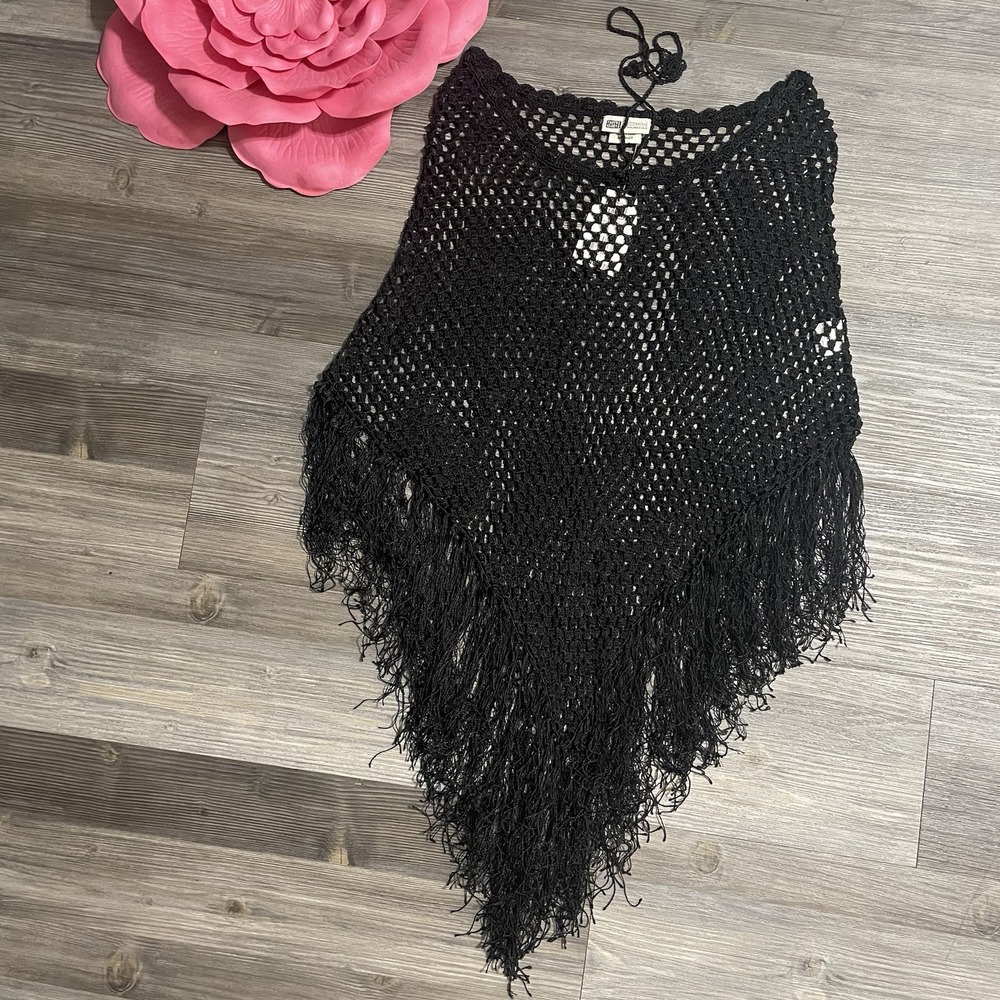Vintage Y2K FADED GLORY Black Poncho Crochet Open Fringe Bohemian Festival NEW